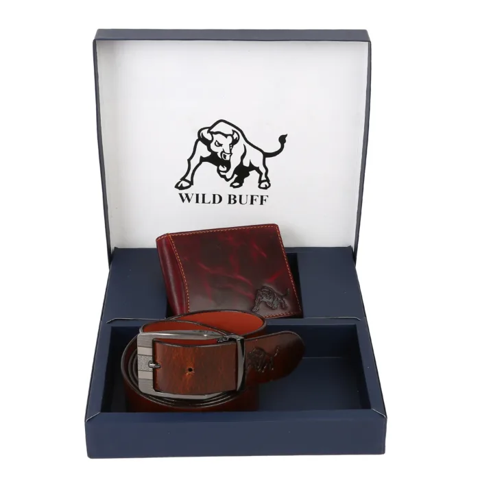 WINE RED TOP FLAP LEATHER WALLET AND BELT COMBO SET