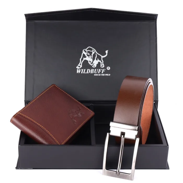 BROWN TOP FLAP LEATHER WALLET AND BELT COMBO SET