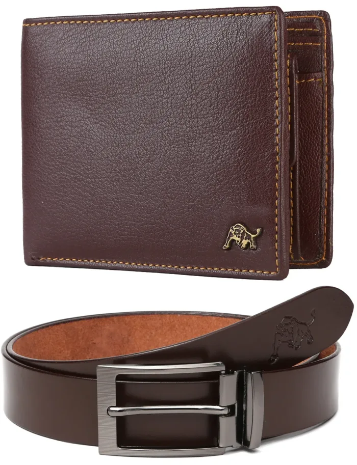 BROWN LEATHER WALLET AND BELT COMBO SET