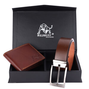 BROWN DOUBLE STITCH LEATHER WALLET AND BELT COMBO SET