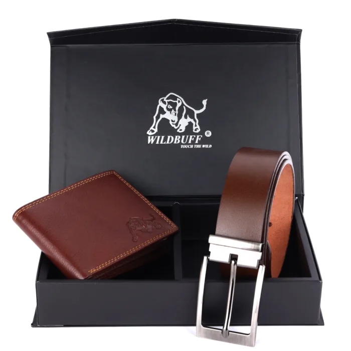 BROWN DOUBLE STITCH LEATHER WALLET AND BELT COMBO SET